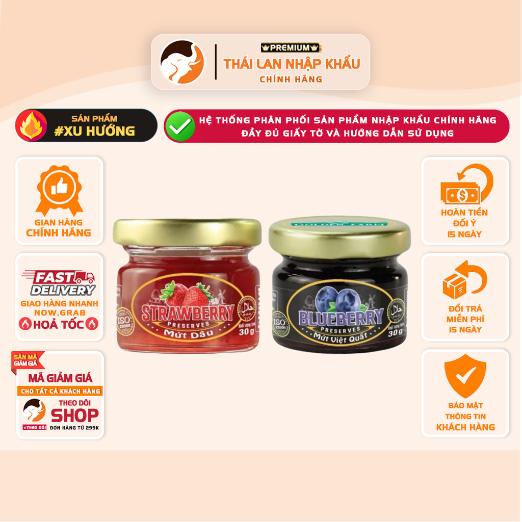 [1 LỐC 3 HŨ] Mứt Trái Cây Golden Farm Hũ 30g (Vị Dâu, Việt Quất)
