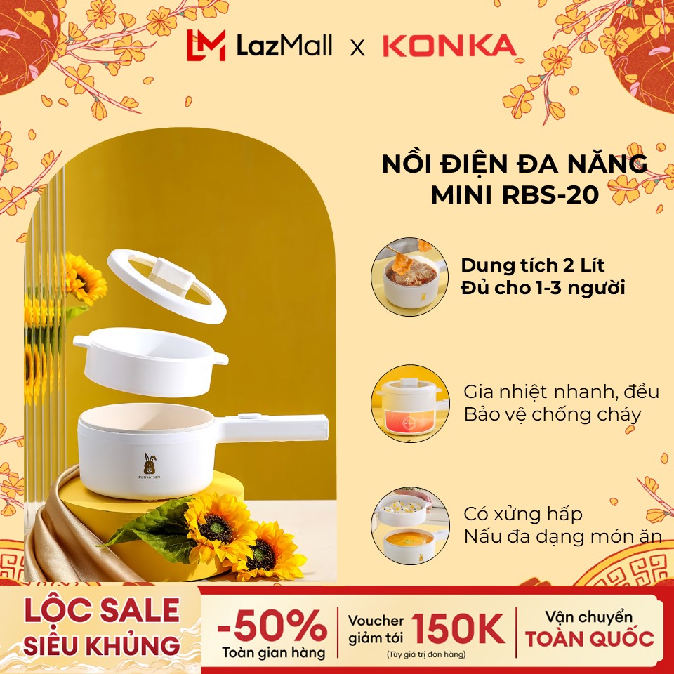 Nồi lẩu điện đa năng mini chống dính, tay cầm dài điều chỉnh nhiệt, dung tích 2L có xửng hấp