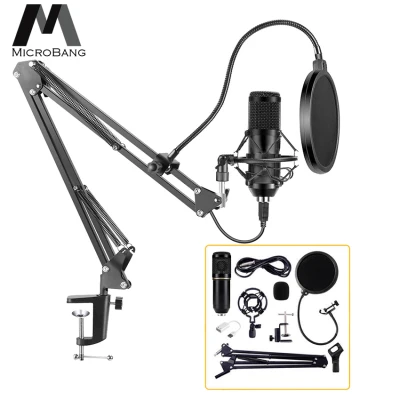 MicroBang Condenser Microphone Stand Broadcasting & Recording Microphone Set Stand with Adjustable Mic Suspension Scissor Arm Shock Mount Clamp and Double-layer Pop Filter for Studio Recording & Broadcasting Computer PC Microphone Kit