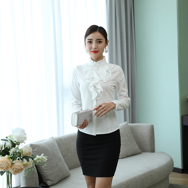 Mbeauty mới đứng cổ áo ren màu tím Áo sơ mi trắng cổ áo nữ mỏng đứng áo có cổ mặc lót dài tay áo sơ 