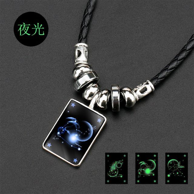 SY Luminous Men's Twelve Zodiac Sign Crystal Necklace Street Stall Gem 12 Zodiac Sign Pendant Black 