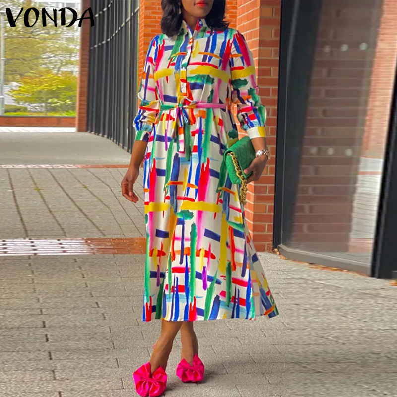 Vonda Đầm áo in màu nửa cúc cổ đứng đường phố cho Nữ ĐầM Midi dài tay thắt dây thường ngày (cỡ lỡn)