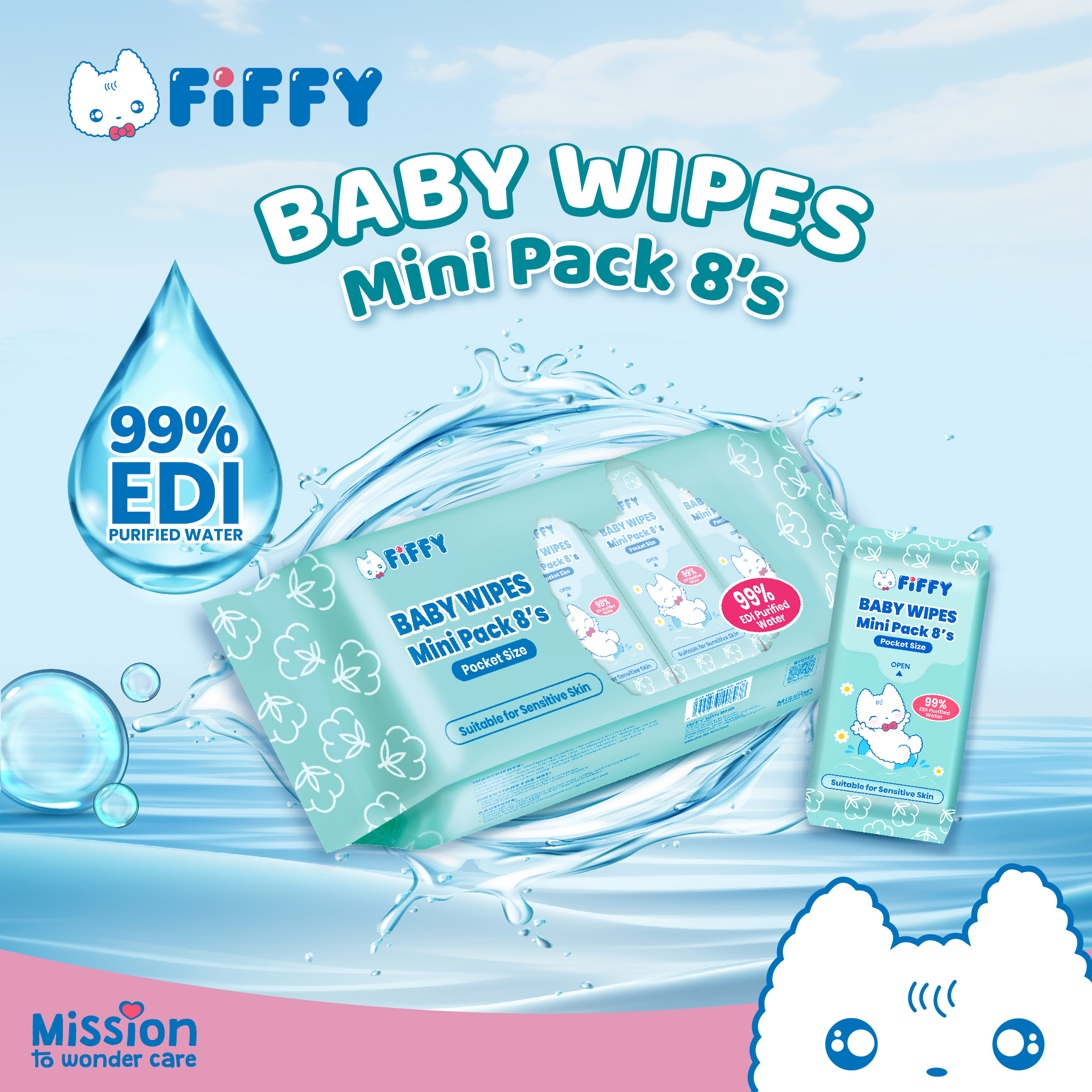 FIFFY EDI PURIFIED WATER BABY WIPES MINI PACK (8S X 8) TISU BASAH (98-15-002)