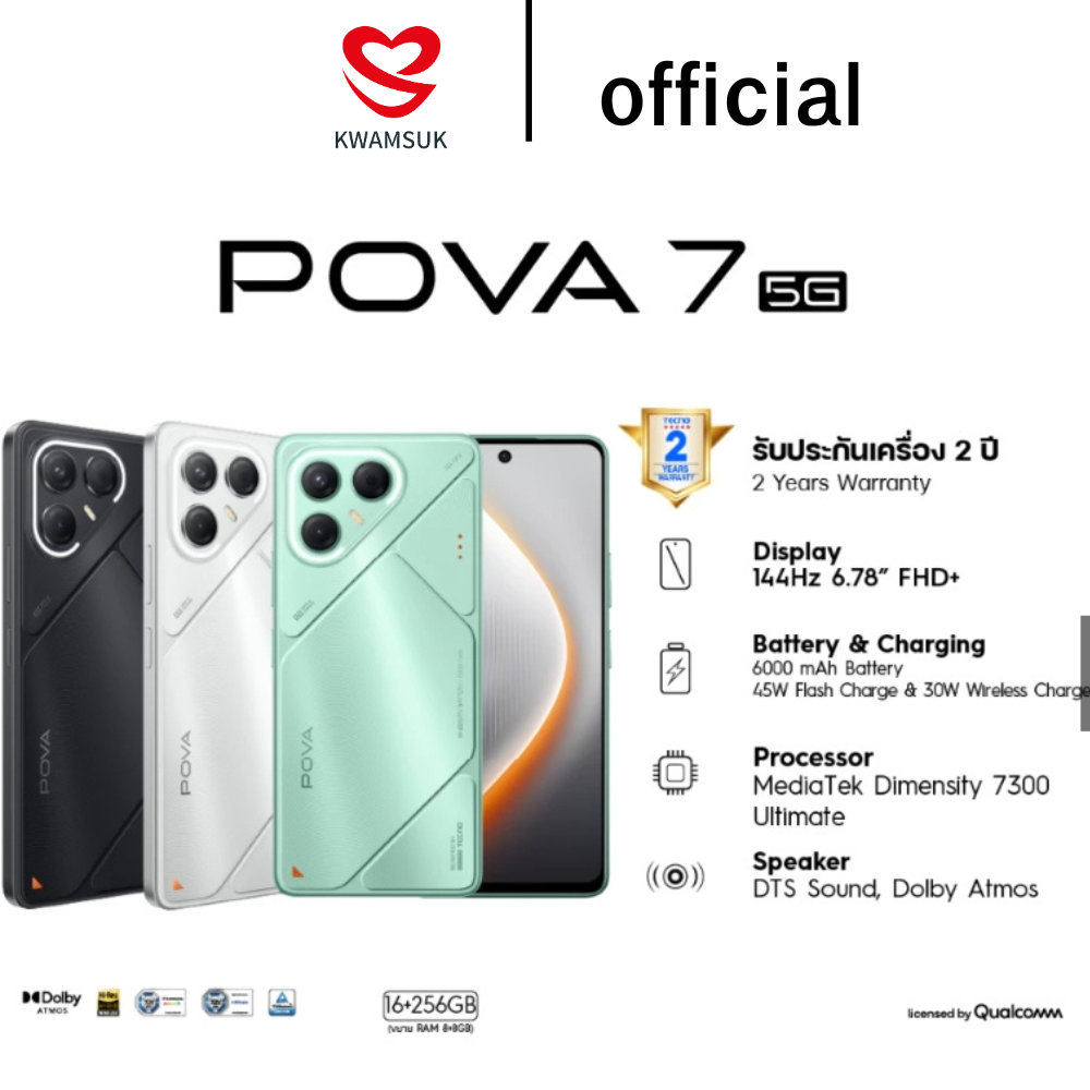TECNO Pova 7 5G (8+256) | 6000mAh 45W Wired| 6.78" FHD+ 144Hz| 50MP| รับประกัน 24 เดือน ราคา 7,990 บาท*ส่งฟรี