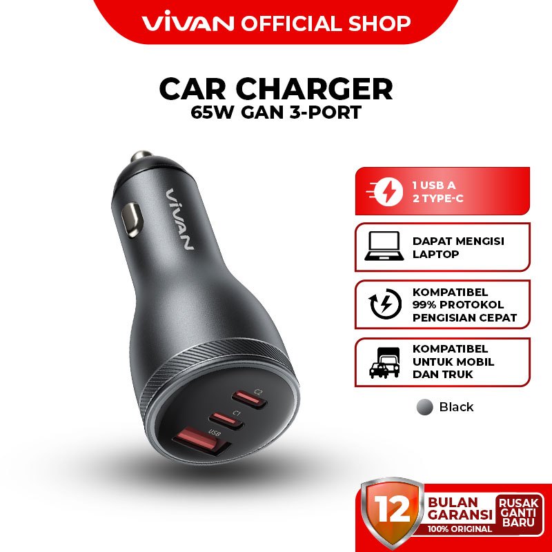 VIVAN Car Charger 65W GaN Casan Mobil 2 Port Type C & 1 USB-A Fast Charging VCC09 Garansi 12 Bulan Harga 104,500 rupiah*Gratis Ongkir