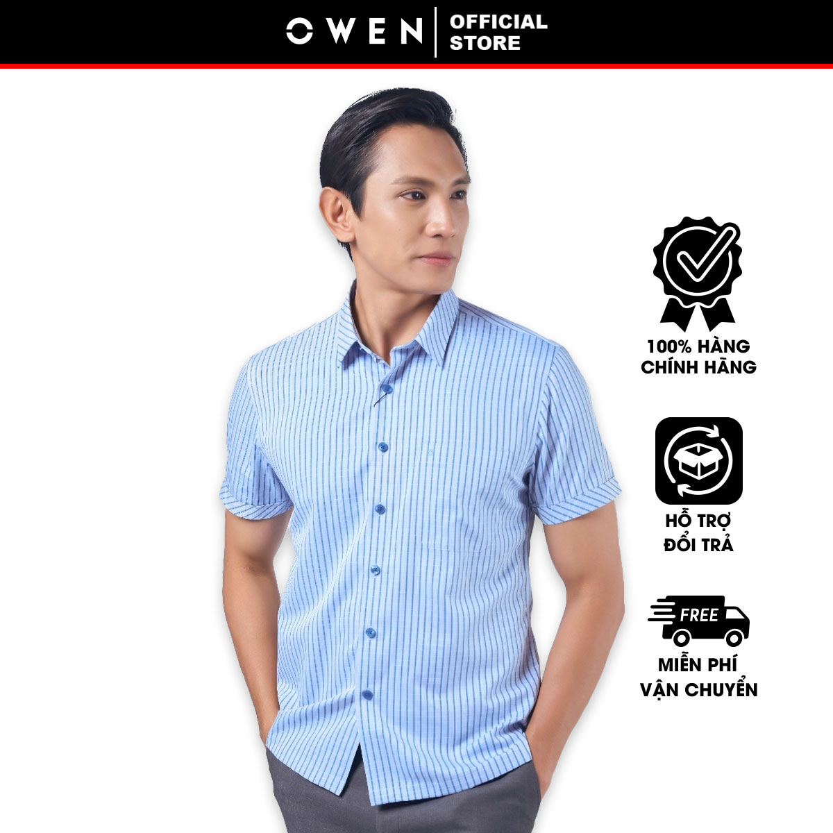 OWEN SALE - Áo Sơ Mi Owen Tay Ngắn Màu Xanh - Trắng  Họa Tiết Caro Form Body Fit Lai Ngang Chính Hãn