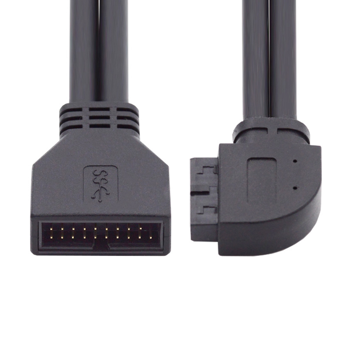 Cáp USB 3.0 19P | Đầu Cắm IDC Vuông 90 Độ Uốn Cong Trái - 24cm | Kết Nối Bo Mạch Chủ & Cổng USB Trước | Cáp Mở Rộng Đầu Đực Sang Cái