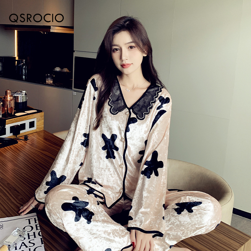 [ZBER] QSROCIO Women's Pajamas Set Velvet Sleepwear Cute Bow Print Lapel Homewear Casual Lace Nightwear Luxury Pyjamas Femme for Girl ☆ ราคา  1,814 บาท*ส่งฟรี