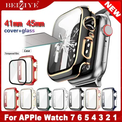 Case+Tempered Glass compatible with Apple Watch 7 SE 6 5 4 41mm/45mm i Watch 3 2 1 44mm/40mm 38mm 42mm Screen Protector coverage Bumper case compatible with apple watch series 7 6 5 4 3 2 SE cover Tempered glass film acceccories