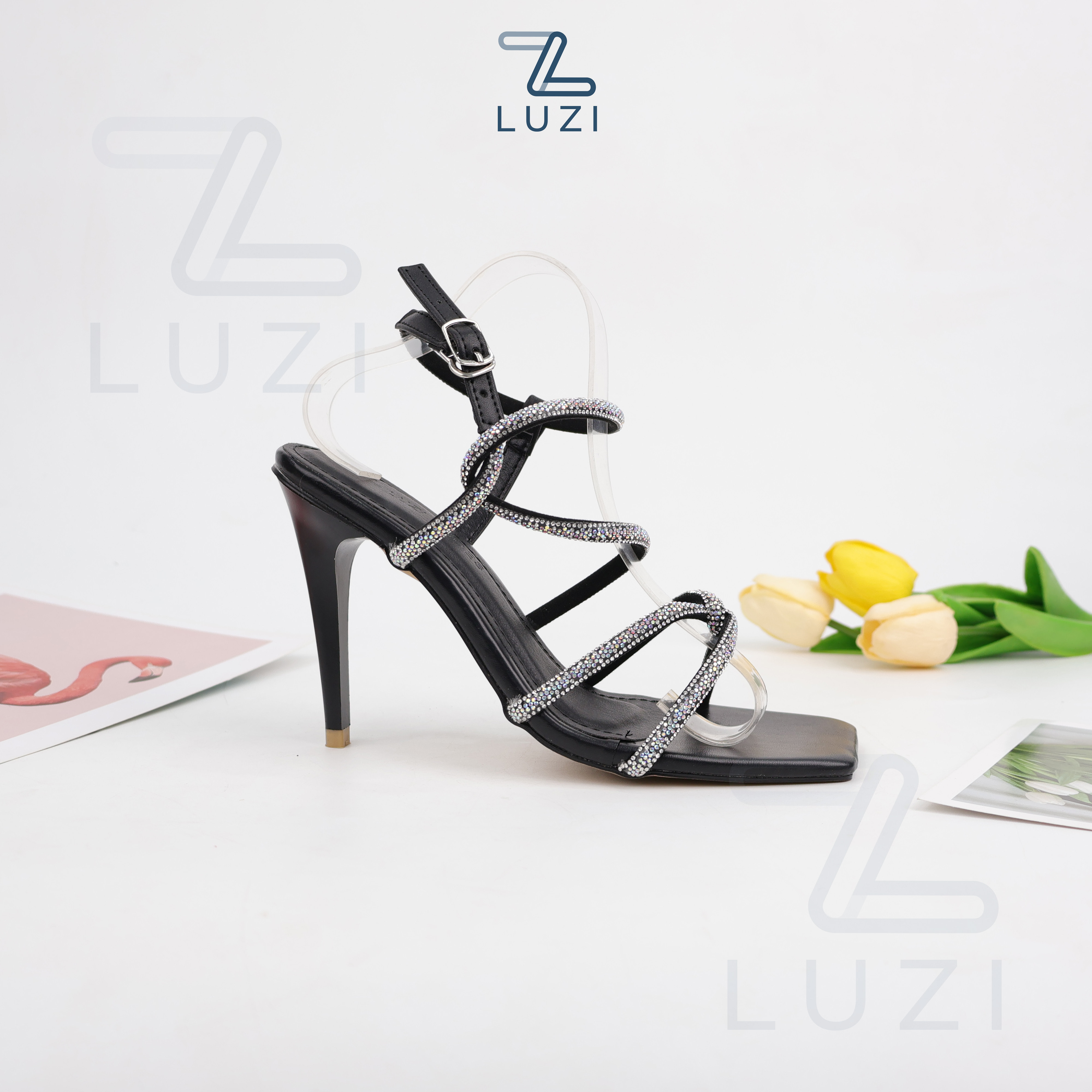 [HÀNG FULLBOX] Sandal cao gót nữ mũi vuông quai đính đá quấn chân sang chảnh, Giày cao gót nhọn 9P M182