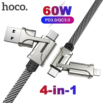 HOCO 4 in 1 60W Fast Charging Cable Support Data Sync cord , USB-A to Lightning / Type-C , Type C to Type C / lightning PD QC3.0/2.0 Cable for iOS Android iPhone
