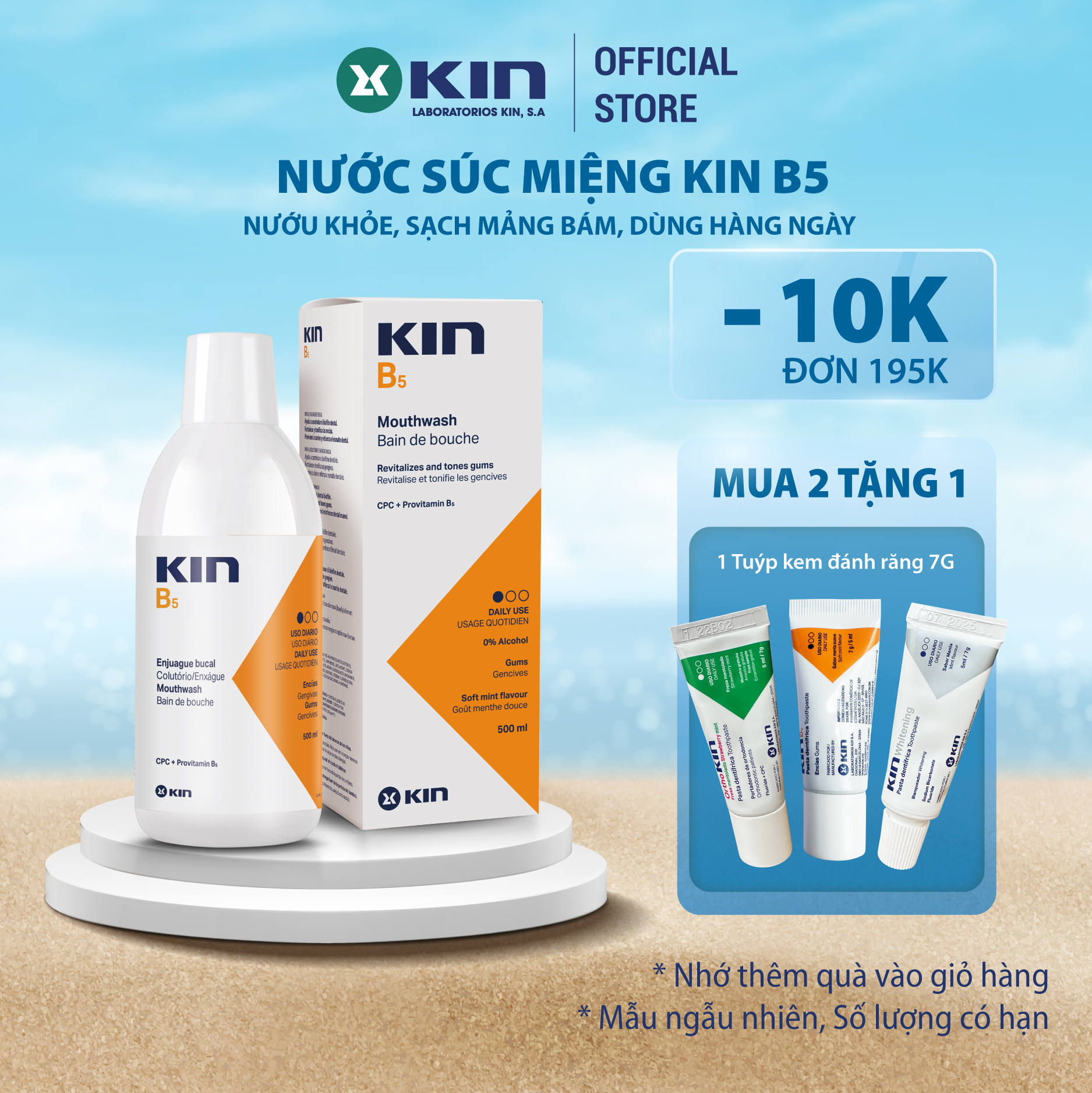 Nước Súc Miệng Kin B5 Sạch Mảng Bám, Phục Hồi Nướu, Ngừa Viêm Lợi, Dùng Hàng Ngày, Chai 500ml