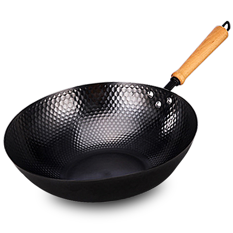 【Popular】 Wok Pan 32cm Fry Pan With Detachable Wooden Handle High Carbon Steel Woks For All Stoves No Coating Chinese Pot