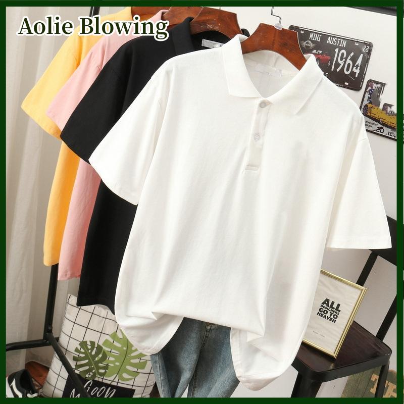 Aolie Cơ Bản Rắn Màu Rắn Màu Đen Ngắn Tay Lỏng Nút Ve Áo Của Phụ Nữ T-Shirt Đơn Giản Màu Đen Top Áo Sơ Mi Thời Trang Hàng Đầu Quần Áo