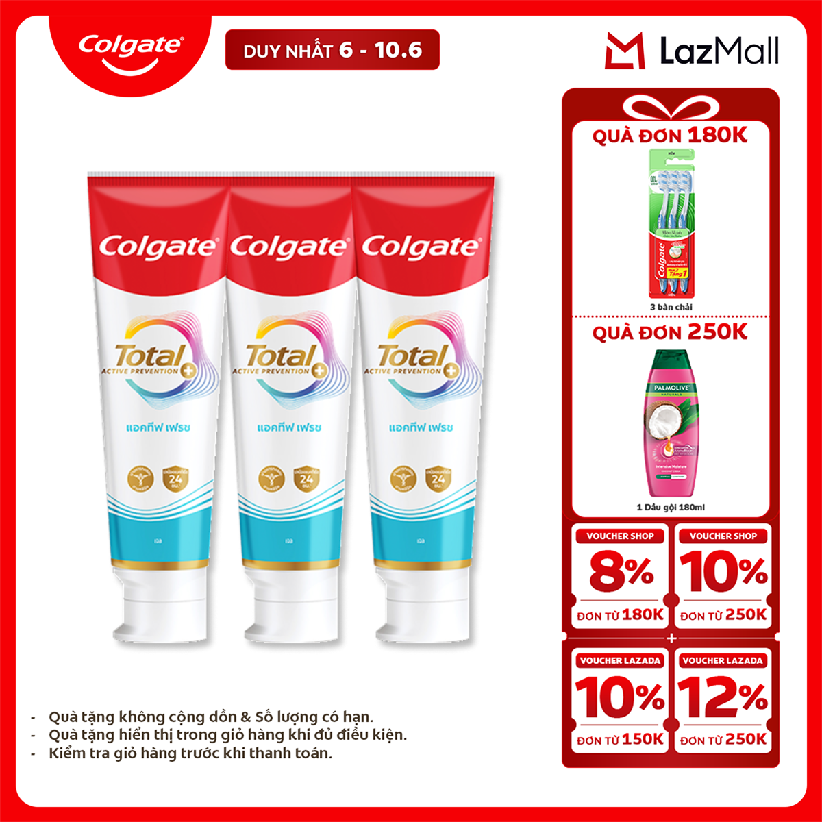 [Chỉ 6-10.6_X2 Voucher giảm 22%] [MỚI] Bộ 3 Kem đánh răng Colgate Total sạch sâu bảo vệ, ngăn ngừa 8 vấn đề răng miệng 150g/ tuýp