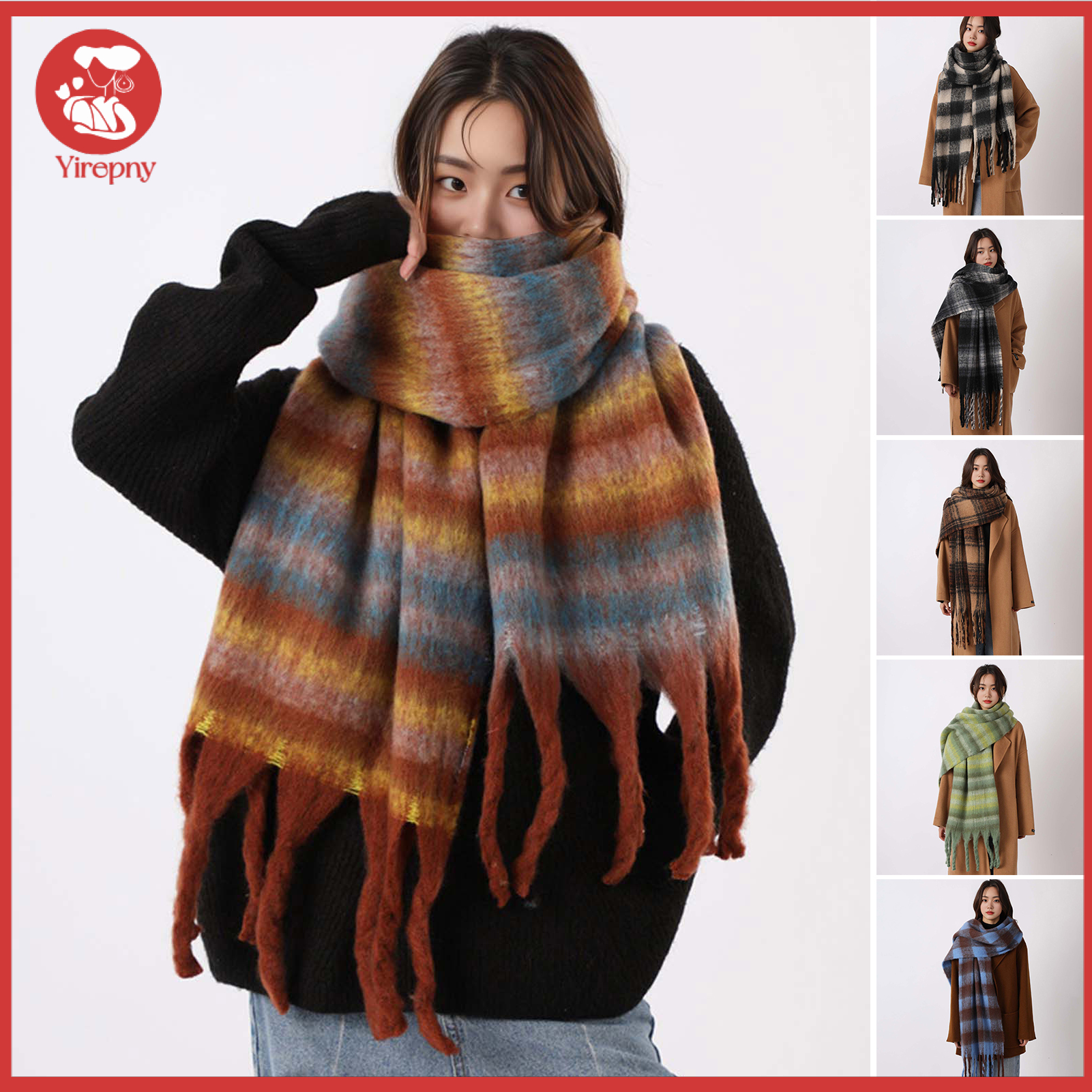 Yirepny Women Plaid Scarf Chunky Oversized Winter Shawl Tassel Wrap Retro Literary Style Warm Wide Scarf for Ladies Gifts ราคา 287 บาท*ส่งฟรี