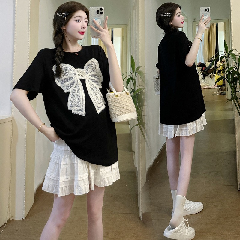 dobauxinh tkutrangSét bộ đồ bầu BD886 áo thun tăm nơ nổi mix chân váy ren bèo tầng xinh xắn trẻ trun