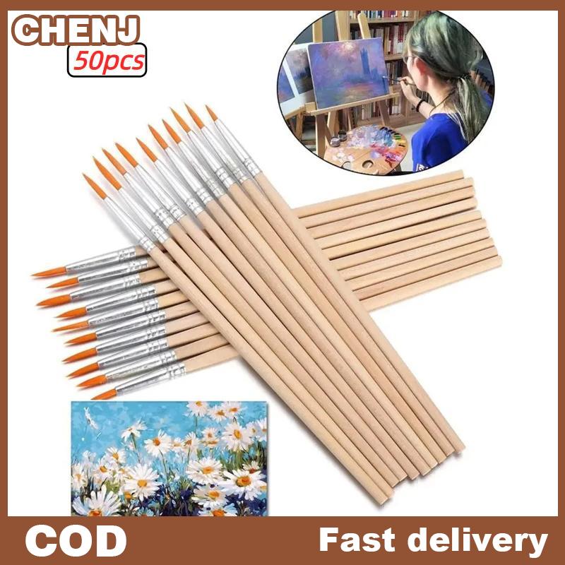 CHENJ Bộ 20 50 100 cây cọ vẽ có cán gỗ cọ sơn đầu tròn đầu dẹt lông nilon dùng cho sơn acrylic màu nước