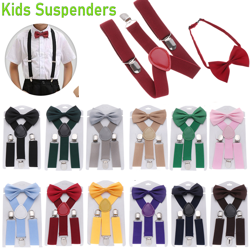 IQY 1set New Fashion Charming Solid Color Baby Children Wedding Dress Clip-on Adjustable Elastic Braces Printed Bow Tie Kids Suspenders Cow Tie Belts