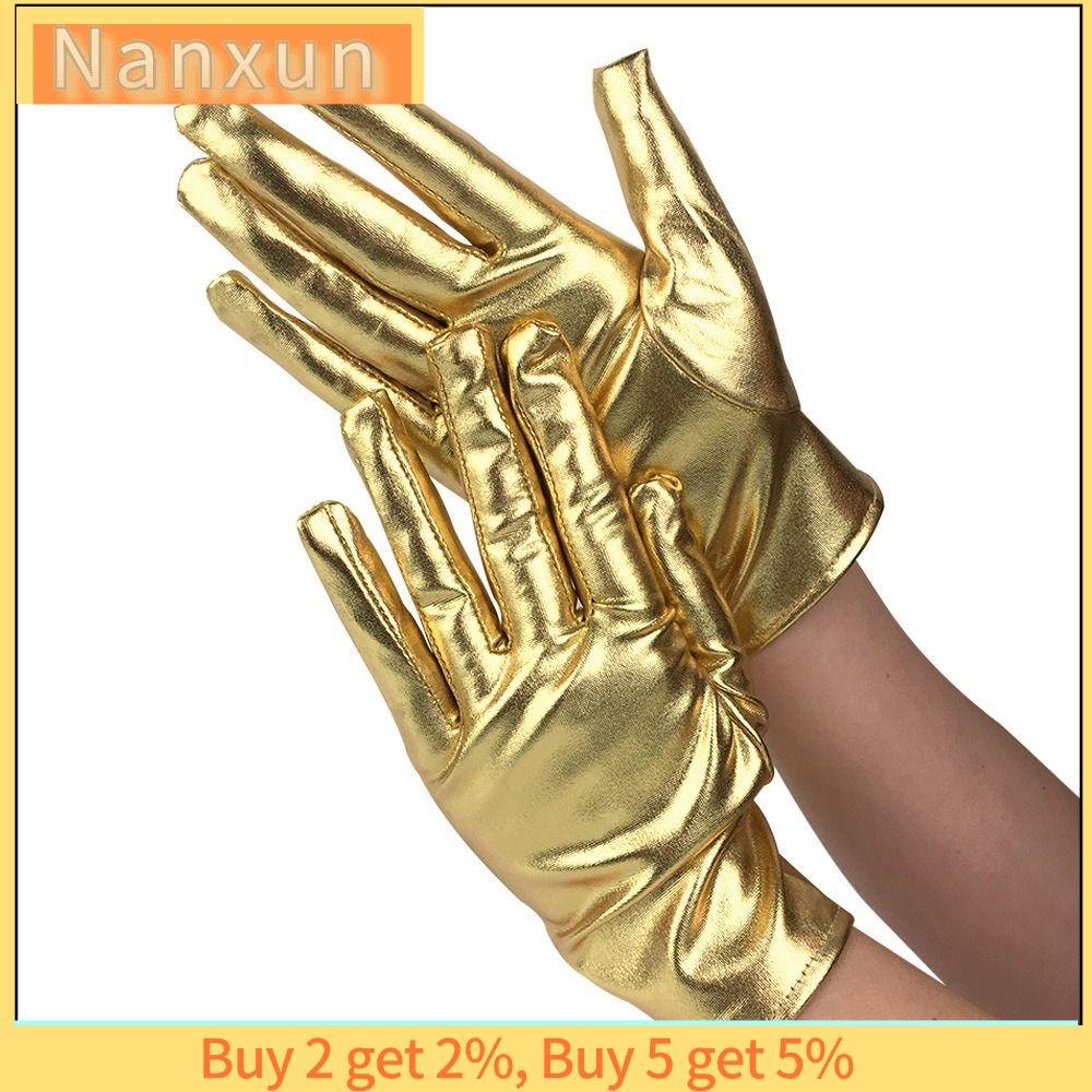 NWSJ Biểu diễn sân khấu Găng tay da ngắn Gothic Da sáng Găng Tay Phong Cách Punk Sáng bóng Vàng bạc Găng tay Nghi Thức Halloween