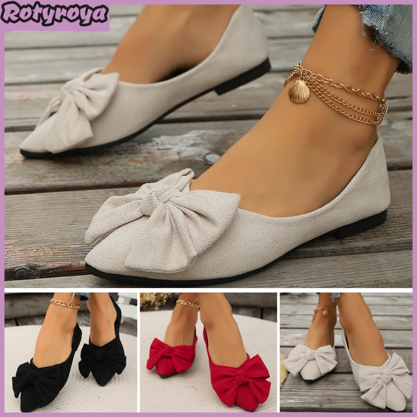 Women Pointed Toe Flats Slip-on Flat Dress Shoes with Bow Closed Toe Ballet Flats for Work Parties And Daily Wear ราคา 550 บาท*ส่งฟรี