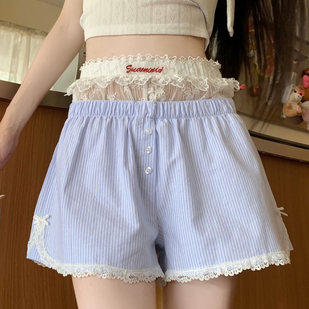 KEKB91930 Nút Quần soóc sọc Lolita Xanh hồng Quần legging ren Dễ thương Mùa hè Quần soóc ren thêu Dành cho Nữ