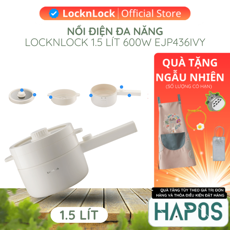 Nồi điện đa năng LocknLock 1.5L EJP436IVY Electric Multi Pot 600W kèm khay hấp chống dính có tay cầm - HAPOS