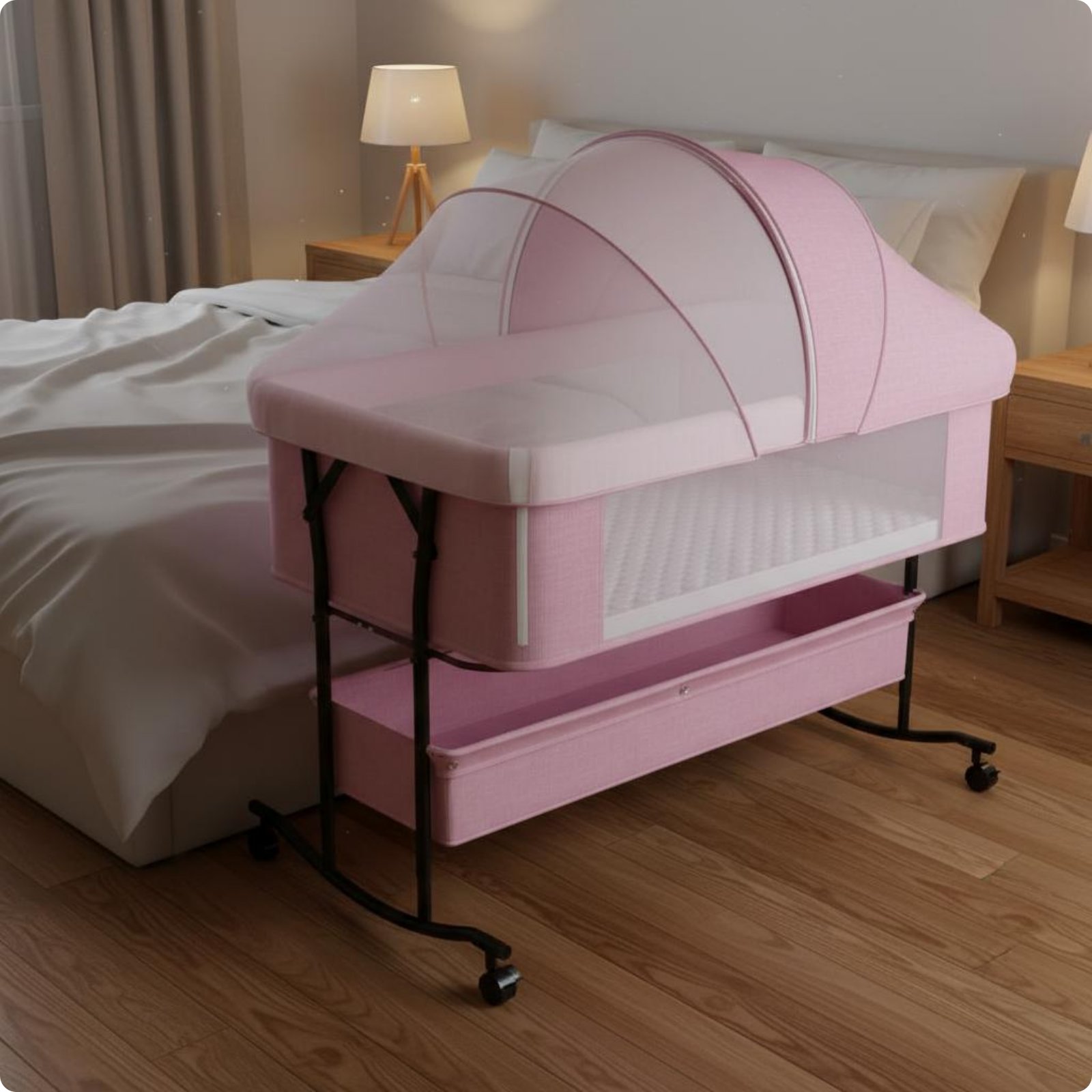 Dolity Movable Wheels Foldable Baby Crib Space Saving Foldable Crib Adjustable Height Portable Bassinet Easy to Assemble for Newborns