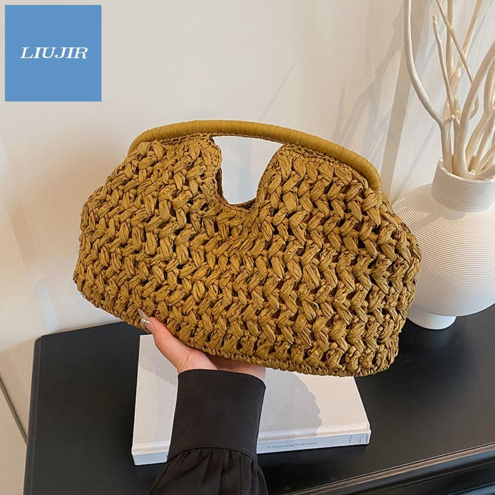 LIUJIR Dung lượng lớn Túi cói Cỏ Trăng Bán Nguyệt Túi xách dệt Giải trí Đơn giản Túi đi biển mùa hè Các cô gái