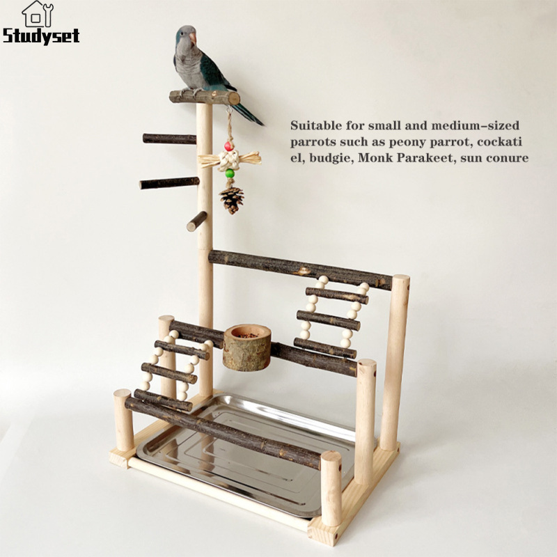 Studyset Parrot Playground, Bird Perch Stand, Bird Natural Wood Play Gym Playstand With Feeding Cup Chew Toy Ladder Stainless Steel Tray For Parakeet Cockatiel ราคา 820 บาท*ส่งฟรี