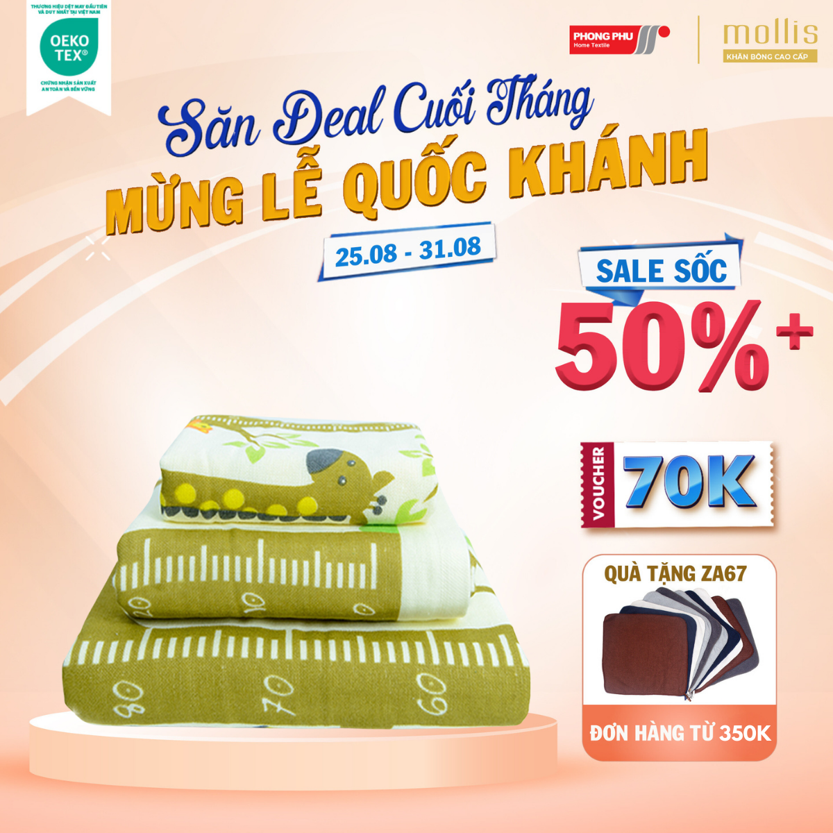 Khăn Trẻ Em Mollis Cotton 60x120cm Khăn Cao Cấp 100% Cotton USA Tự Nhiên Mềm Mại Thấm Hút Tốt An Toàn Cho Da Em Bé BM5A