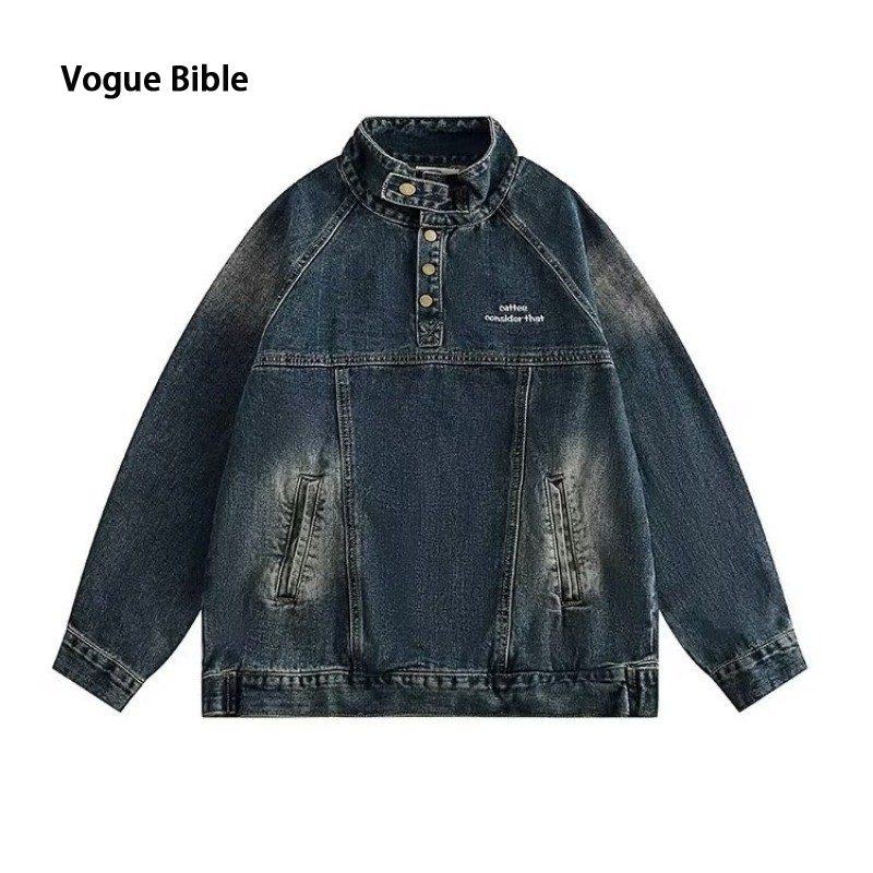 Vogue Bible Spring and Autumn System Retro Street Half High Collar Retro denim jacket, suitable for men and women's casual loose work jacket ราคา 548 บาท*ส่งฟรี
