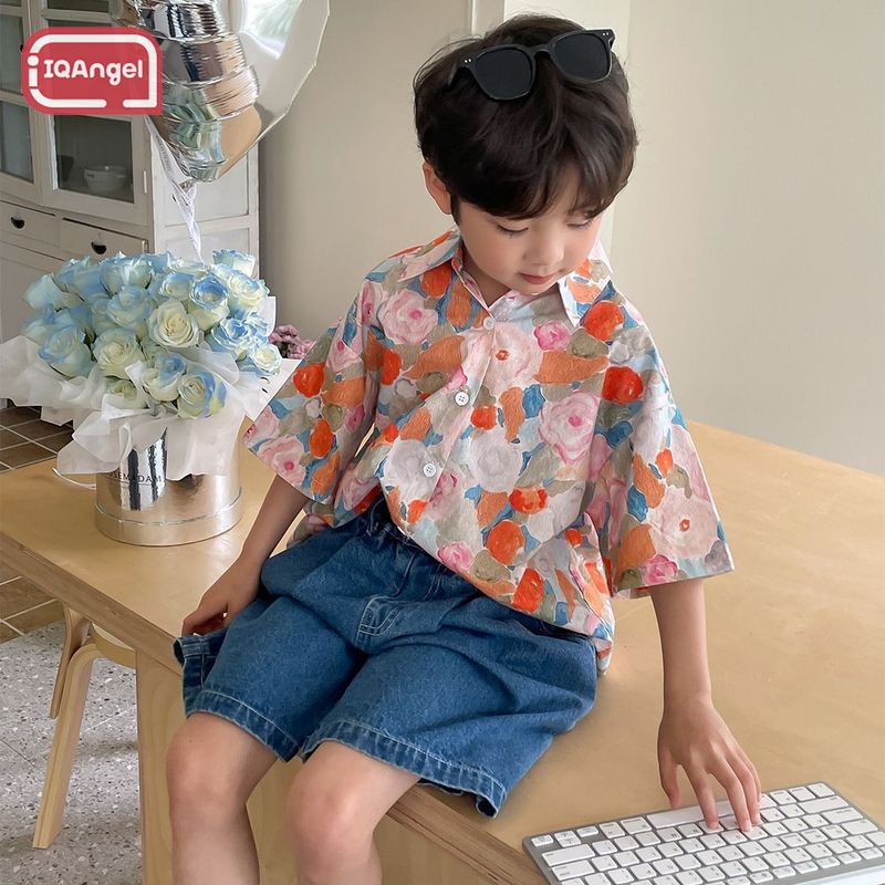 IQANGEL Children's Printed Shirt, Boy's Handsome Floral Short Sleeve Shirt, Soft and Comfortable ราคา 195 บาท*ส่งฟรี