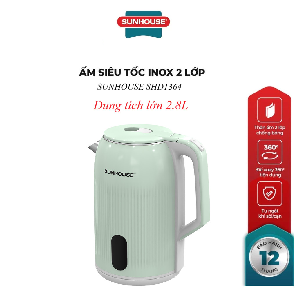 ẤM SIÊU TỐC INOX 2 LỚP 2.8L SUNHOUSE SHD1364_Dung tích lớn 2.8L đun nước thả ga