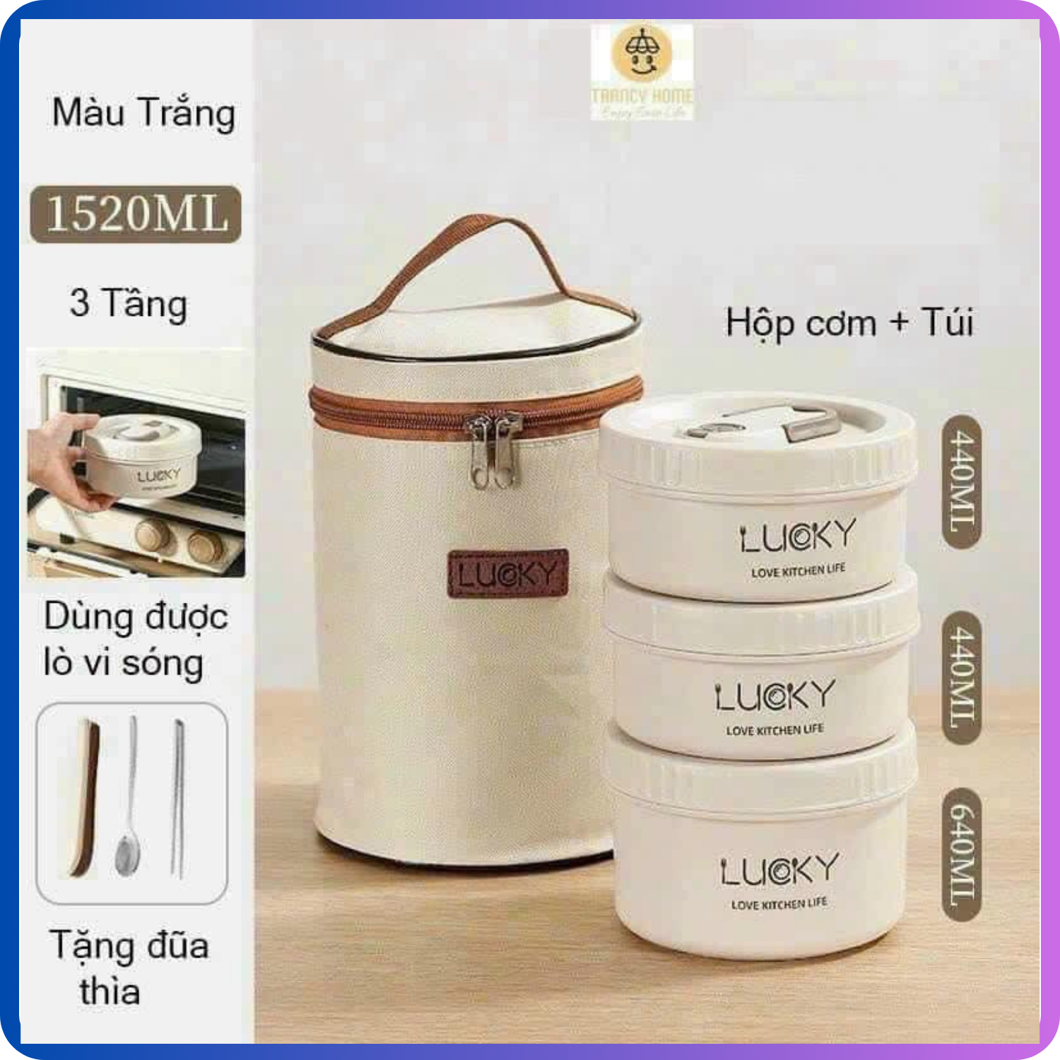 Hộp cơm giữ nhiệt Lucky Hộp cơm trưa văn phòng cách nhiệt 3 tầng bằng thép không gỉ 304