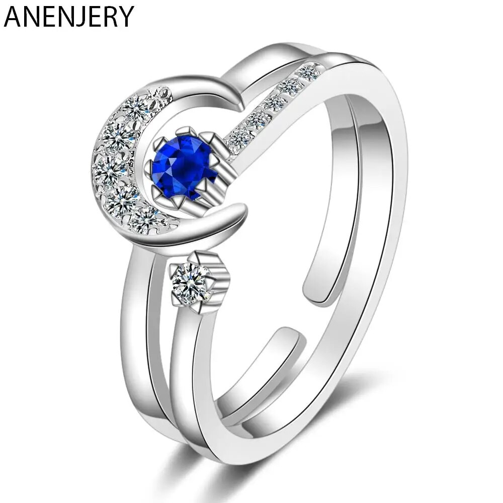 Anenjery màu bạc Zircon xanh dương trăng sao S Stackable đôi S đồ trang sức nhẫn kỷ niệm cho phụ nữ S-R484
