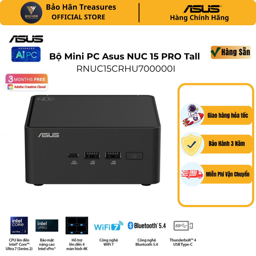 Asus NUC 15 PRO Tall RNUC15CRHU700000I (Intel Core Ultra 7 255H |2xDDR5-6400| 2xNVMe,SATA| 2x HDMI 2.1| 2x Thunderbolt