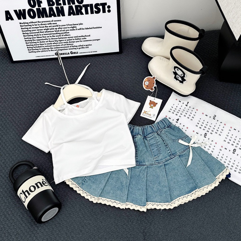 Set áo cotton CS113 kèm chân váy jean nơ cho bé gái