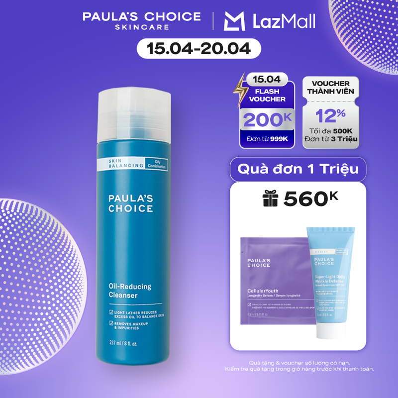 Sữa Rửa Mặt Cân Bằng Độ Ẩm Và Kiềm Dầu cho da dầu, da hỗn hợp  Paula’s Choice Skin Balancing Oil Reducing Cleanser 237ml 1150