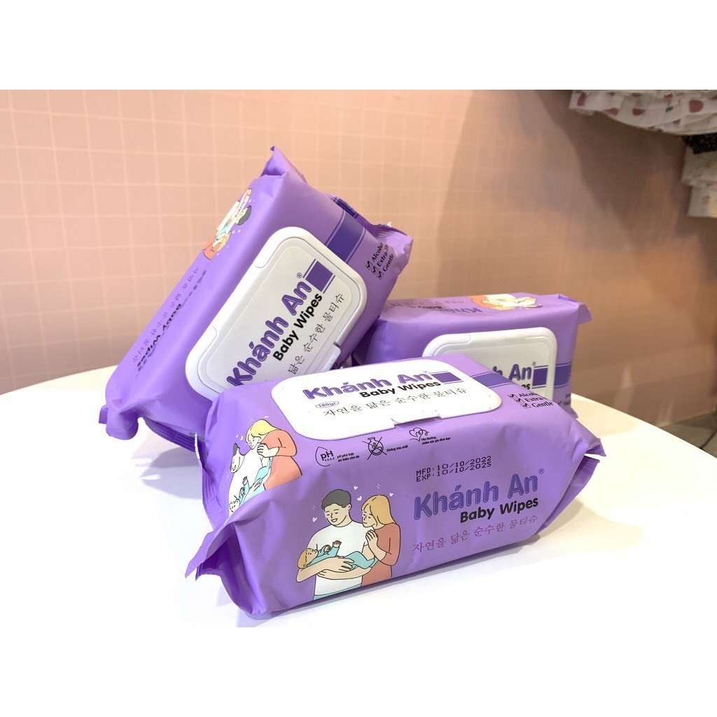 Thùng 10 bịch khăn ướt BABY WIPES Khánh An Tím 100 tờ an toàn cho bé