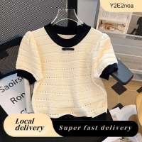【Y2E2noa】 Summer Sweet Hollow Out Knitted T-shirt Women Contrast Color Round Neck Short Sleeve Crop Top
