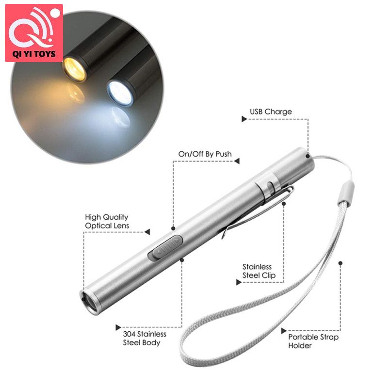 Stainless Steel Highlight Pen Shape USB Charging Mini LED Lithium Battery Flashlight