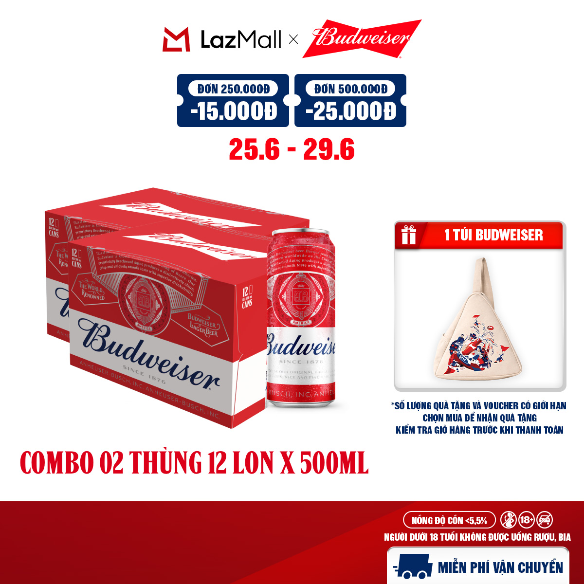 Combo 2 Thùng 12 Lon Bia Budweiser Chính Hãng (500ml/lon)