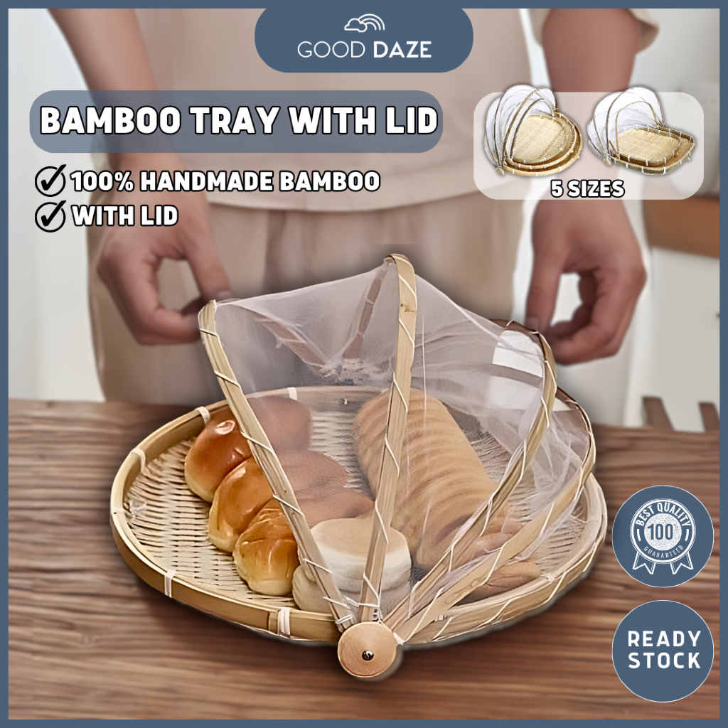 Handmade Bamboo Basket With Net Mesh Cover Kithen Bread Fruit Vegetable Food Container Outdoor Travel Picnic Dust Proof Basket - 15