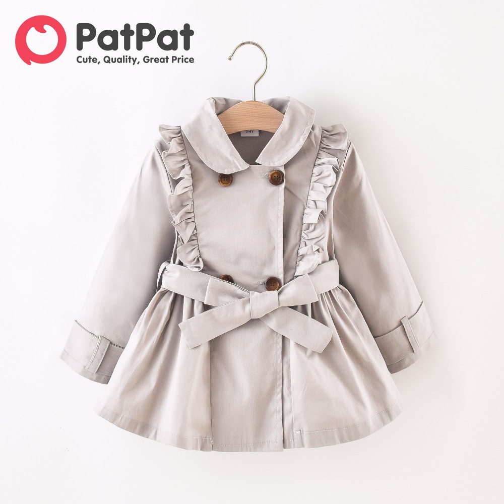 Patpat bé gái tập đi cổ áo búp bê xù hai hàng cúc có dây thắt lưng áo choàng