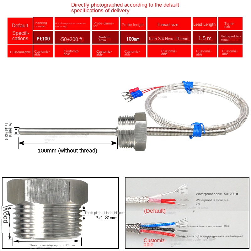 Pt100 Cảm Biến Nhiệt Độ Chống Nước Ren Cố Định | Đầu Dò 50-100mm | -50~200°C | Dây 1.5m | Thép Không Gỉ | Hàng Chính Hãng - PT3/4 Φ6*100