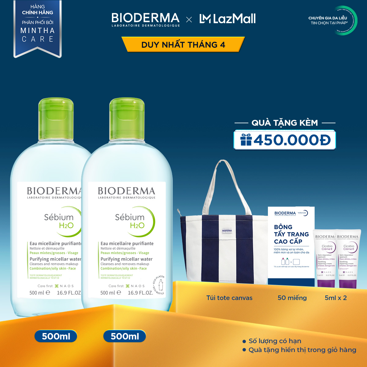 Bộ đôi nước tẩy trang Micellar cho da đầu mụn Bioderma Sebium H2O - 500mlx2