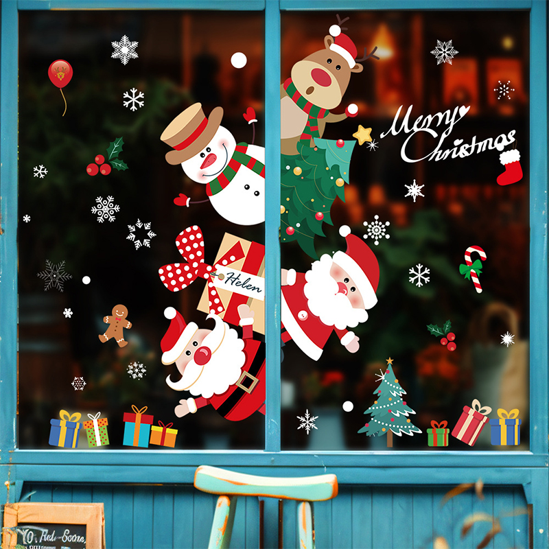 DUDHW2 2 4 miếng dán tường ông già Noel người tuyết giáng sinh trang trí cửa sổ kính năm mới Đề can 