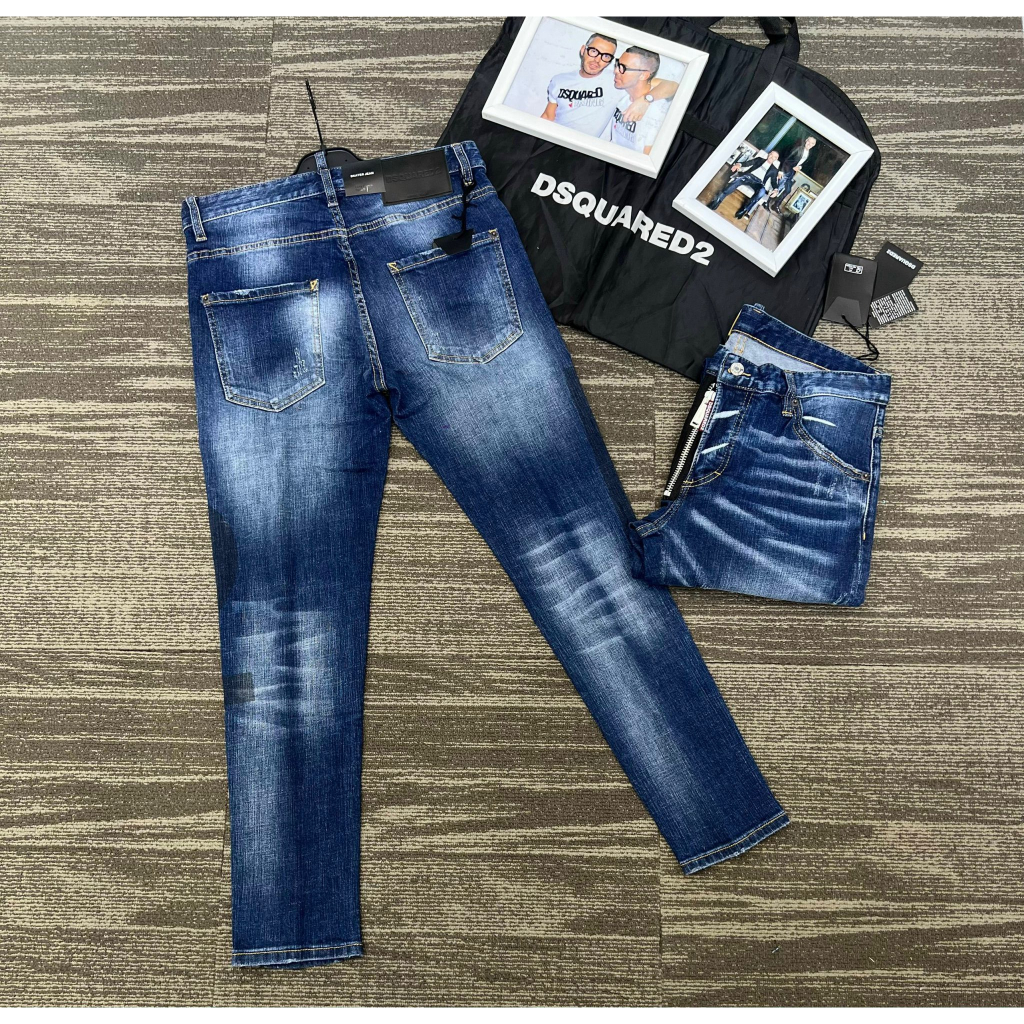 Quần Bò Biker DSQ D2 Hàng Đẹp mới cập bến, quần jean côn nam DSQ khóa cúc xanh đậm vảy sơn Rich Man MQU 034