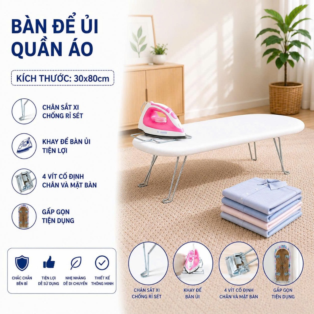 Bàn Để Ủi Quần Áo PUNNY 30x80cm - Cầu Là Kiểu Ngồi Chân Láp Gấp Gọn - Nguyễn Trường Thắng